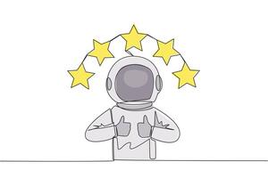 Single continuous line drawing astronaut giving two thumbs up, above head there are 5 stars forming semicircle. Exciting online shopping experience. Review 5 star. Cosmic. One line illustration vector