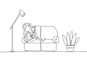 Continuous one line drawing boy sitting stretched out on the sofa reading a book. Really like the content of the book reading on each page. Impressive. Single line draw design illustration vector