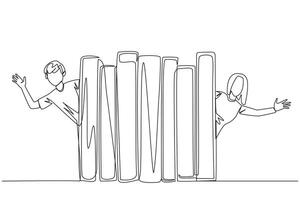 Continuous one line drawing man woman appears from behind a row of books. Invitation to read books at the library. Like to reading a book. Book festival concept. Single line draw illustration vector