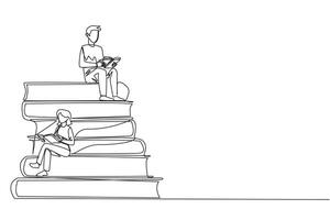 Single one line drawing man woman sitting on a pile of books reading a book. High interest in reading. Opening horizons of thinking. Book festival concept. Continuous line design graphic illustration vector