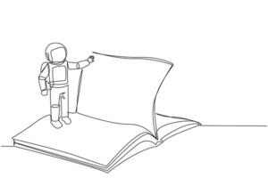 Continuous one line drawing astronaut standing over open ledger turning page. Read slowly to understand contents of each page. Reading increases insight. Single line draw design illustration vector