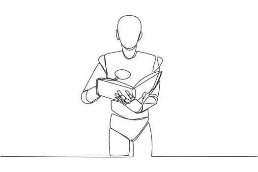 Single continuous line drawing smart robot reading book while holding a magnifier. Small letters that robots cannot recognize without tools. Looking for something. One line design illustration vector