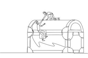 Continuous one line drawing businessman helps colleague climb a large treasure chest. Get extraordinary profits. Share equally. Stronger together. Reward. Single line draw design illustration vector