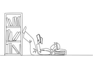 Continuous one line drawing Arab man lying on back reading fiction story book near bookcase. Read slowly to enjoy the storyline. Hobby reading. Very good habit. Single line design illustration vector