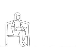 Continuous one line drawing woman sitting and reading on chair in university park. Prepare for the final exams with serious reading. Book festival concept. Single line draw design illustration vector