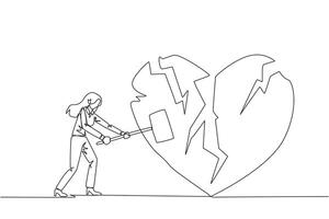 Single one line drawing businesswoman preparing to hit the big heart. Rampage. Broken heart. Loss of concentration. Emotional feeling. No direction. Angry. Continuous line design graphic illustration vector