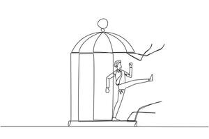 Single one line drawing businessman trapped in cage kick the cage until wrecked. Freedom of expression for the smooth running of business. Distractions. Continuous line design graphic illustration vector