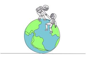 Continuous one line drawing young astronaut helps colleague climb big globe. Metaphor of reaching top of the world through increasing business. Teamwork. Single line draw design illustration vector