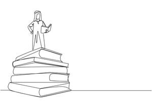 Single continuous line drawing Arab man standing on pile of books reading fiction story book. Intrigued by book series. Read anywhere to finish reading. Reading. One line design illustration vector