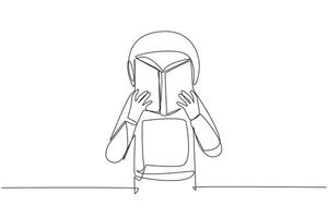 soltero uno línea dibujo astronauta seriamente leyendo libro Hasta que cubrir el rostro. nervioso cuando frente a el final exámenes tratar a enfocar. leyendo incrementar conocimiento. continuo línea diseño gráfico ilustración vector