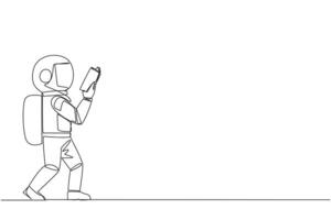 Single one line drawing astronaut walking reading the book. Gesture of memorizing something from a book. Read anywhere. Addicted to reading. Book festival. Continuous line design graphic illustration vector