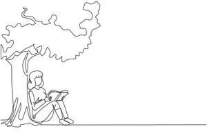 Single one line drawing woman sitting reading a book under shady tree. Continuing the second volume of the fiction story book. Enjoy reading. Book festival. Continuous line design graphic illustration vector