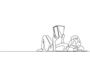 Single continuous line drawing woman lying on back reading book. Reading favorite comic. Big fan of fiction books. Enjoy the storyline. Reading increases insight. One line design illustration vector