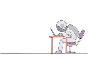 Single one line drawing astronaut sitting and typing on laptop computer. Work hard to achieve maximum expected results. Overtime and work smart. Spaceman. Continuous line design graphic illustration vector