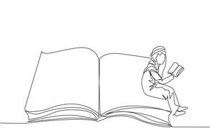 Single one line drawing Arabian man sitting on the edge of a large open book. Study before exam time arrives. Read textbooks with focus. Reading is fun. Continuous line design graphic illustration vector