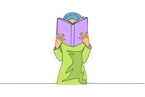 Single continuous line drawing Arab woman seriously reading book until cover the face. Nervous when facing the final exams. Try to focus. Reading increase insight. One line design illustration vector