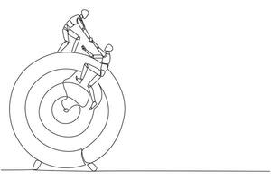 Continuous one line drawing smart robotic helps colleague climb the big arrow board target. Metaphors help focus on completing tasks one at time. Together. Single line draw design illustration vector