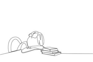 Single continuous line drawing boy asleep at the table where there were piles of books. Tired after successfully finishing the favorite reading book. Love read. One line design illustration vector