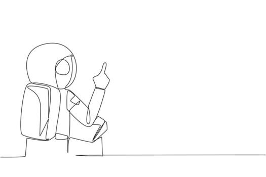 Single one line drawing from back view young astronaut speaking at podium while lifting index finger. Astronaut in Conference Hall present new business. Continuous line design graphic illustration vector