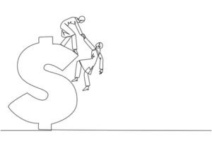 Single continuous line drawing Arabian businesswoman helps colleague climb dollar symbol. Desire to develop business together. Super great teamwork. Cohesiveness. One line design illustration vector