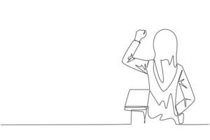 Continuous one line drawing rear view of Arabian businesswoman speaking at podium. Raising and clenching hands, she enthusiastically gave financial gain oration. Single line draw illustration vector