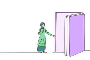 Single one line drawing Arabian woman open the book-shaped door. Book can open mind and see everywhere. Increase knowledge about wider world. Book festival. Continuous line design graphic illustration vector