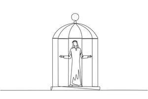 Single continuous line drawing Arab businessman trapped in cage standing with open arms. Surrender to situation. Forced to stay in a cage. Business is not growing. One line design illustration vector