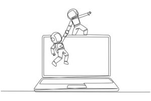 Single one line drawing young astronaut helps colleague to climb a big laptop computer. Help create applications to develop business online. Great teamwork. Continuous line design graphic illustration vector