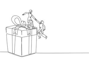 Continuous one line drawing Arab businesswoman helps colleague climb gift box. Integrated teamwork to reach highest level for rewards. Helping each other. Single line draw design illustration vector