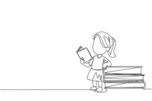 Continuous one line drawing girl standing reading a book while leaning against a pile of large books. Hobby of reading anywhere. Very happy when reading. Single line draw design illustration vector