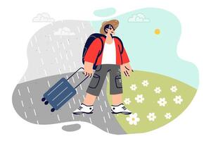 hombre viajes y ve clima cambio después viaje a sur, en pie con turista maleta vector