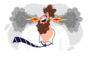 Nervous man screams, experiencing irritation and aggression, blows smoke and flames from ears vector