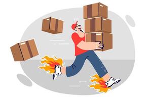 Man courier from express delivery company runs with boxes in hurry to delivery order to client vector