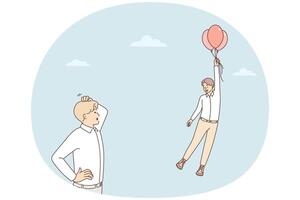 Frustrated man look at colleague flying on balloons vector