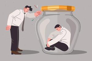 Boss is trying help and support upset man sitting in jar due to alienation from colleagues vector