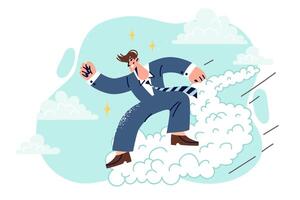 Successful businessman runs in sky achieving triumph in corporate career, stands on road of clouds vector