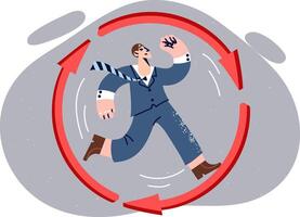 Business man runs in endless circle, trying to achieve success, like groundhog day metaphor vector