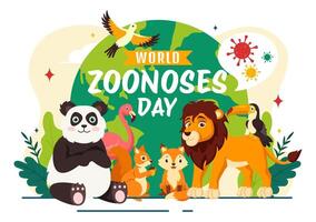 mundo zoonosis día ilustración en 6 6 julio con varios animales y planta cuales es en el bosque a proteger en plano dibujos animados antecedentes diseño vector