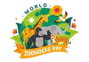 World Zoonoses Day Illustration on 6 July with Various Animals and Plant which is in the Forest to Protect in Flat Cartoon Background Design vector