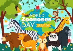 mundo zoonosis día ilustración en 6 6 julio con varios animales y planta cuales es en el bosque a proteger en plano dibujos animados antecedentes diseño vector