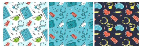 Doctors Day Seamless Pattern Design with Medical Equipment in Template Hand Drawn Cartoon Flat Illustration vector