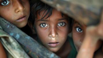 Small children gazes solemnly at the camera, eyes reflecting innocence and vulnerability. . photo