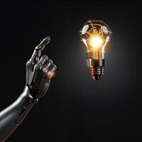 Hand of robot point gesture on light bulb. Concept idea, innovation. Technology future, progress digital information photo