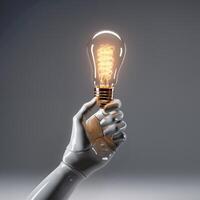 Bulb in hand, robot hold light. Concept idea, innovation. Technology future, progress digital information photo