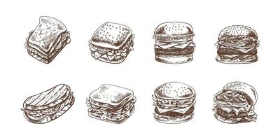 hamburguesas y emparedados colocar. dibujado a mano monocromo bocetos de diferente hamburguesas y emparedados con tocino, queso, ensalada, Tomates, pepinos etc. rápido comida retro ilustraciones. vector