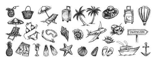 A set of hand-drawn sketches with images of travel. Badges for tourism and camping. A clipart with elements of travel, bags, transport, map, palm tree, shells, bikinis. vector