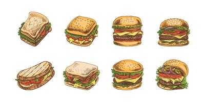 hamburguesas y emparedados colocar. dibujado a mano de colores bosquejo de diferente hamburguesas y emparedados con tocino, queso, ensalada, Tomates, pepinos etc. rápido comida retro ilustraciones. vector