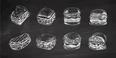 Burgers and sandwiches set on chalkboard background. Hand-drawn monochrome sketches of different burgers and sandwiches with bacon, cheese, salad, tomatoes, cucumbers etc. vector