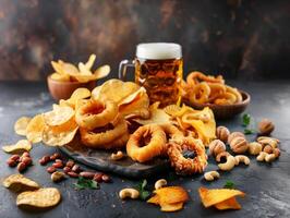 A set of beer snacks, chips, nuts, snacks. Mug of light beer, texture background, wooden tableware photo