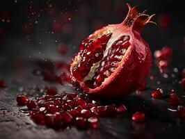 Cut half a juicy pomegranate, pomegranate seeds lie on the table. Dark aesthetic macro photo